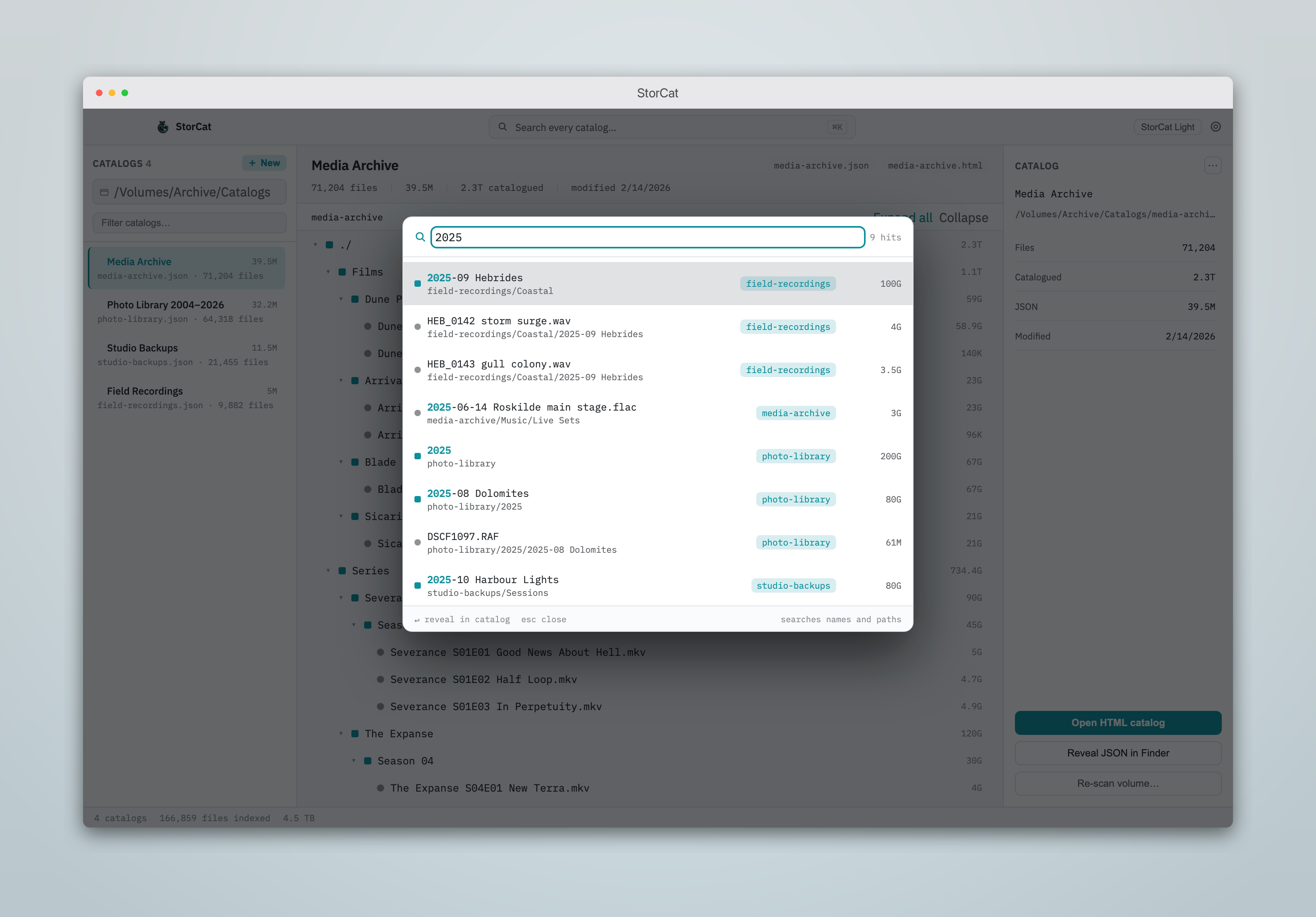 The command palette open over the workspace, listing matching files found across more than one catalog.