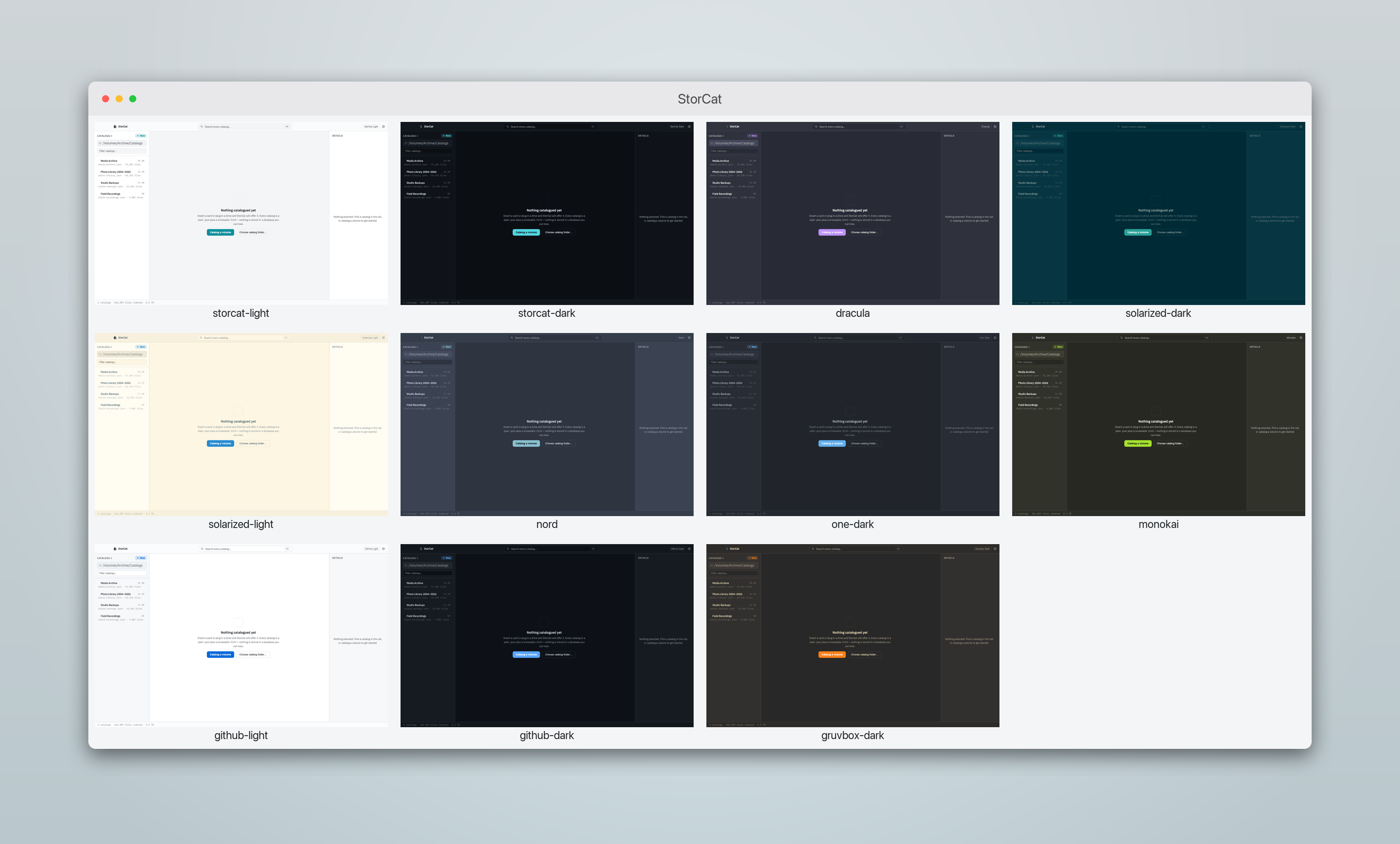 A grid of theme previews, each a small swatch of window chrome above the theme's name, covering the light and dark palettes.